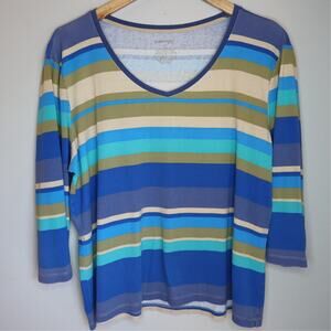 St John's Bay Vintage Striped Knit Top M Cotton V Neck 3/4 Sleeve Boho